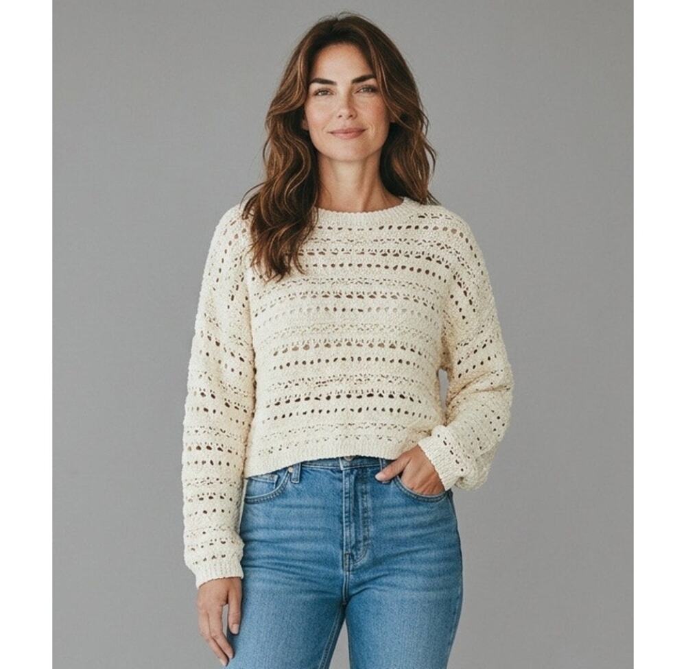 NWT Treasure & Bond Drop Stitch Cropped Crewneck Sweater W Size L Coastal Beachy